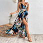 Women's long dress, Bohemian chiffon floral print V-neck long dress - Image 6