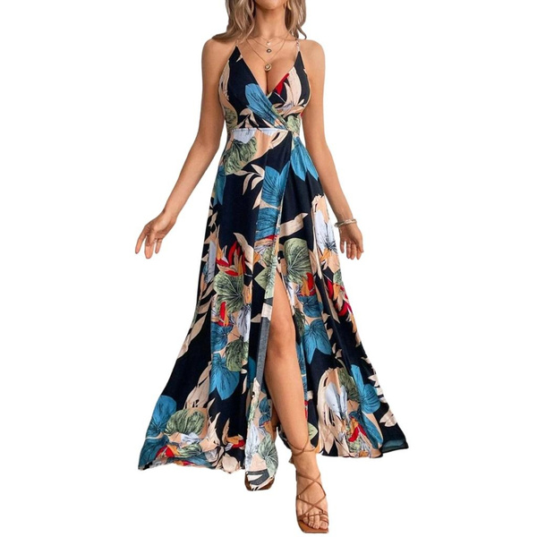 Women's long dress, Bohemian chiffon floral print V-neck long dress
